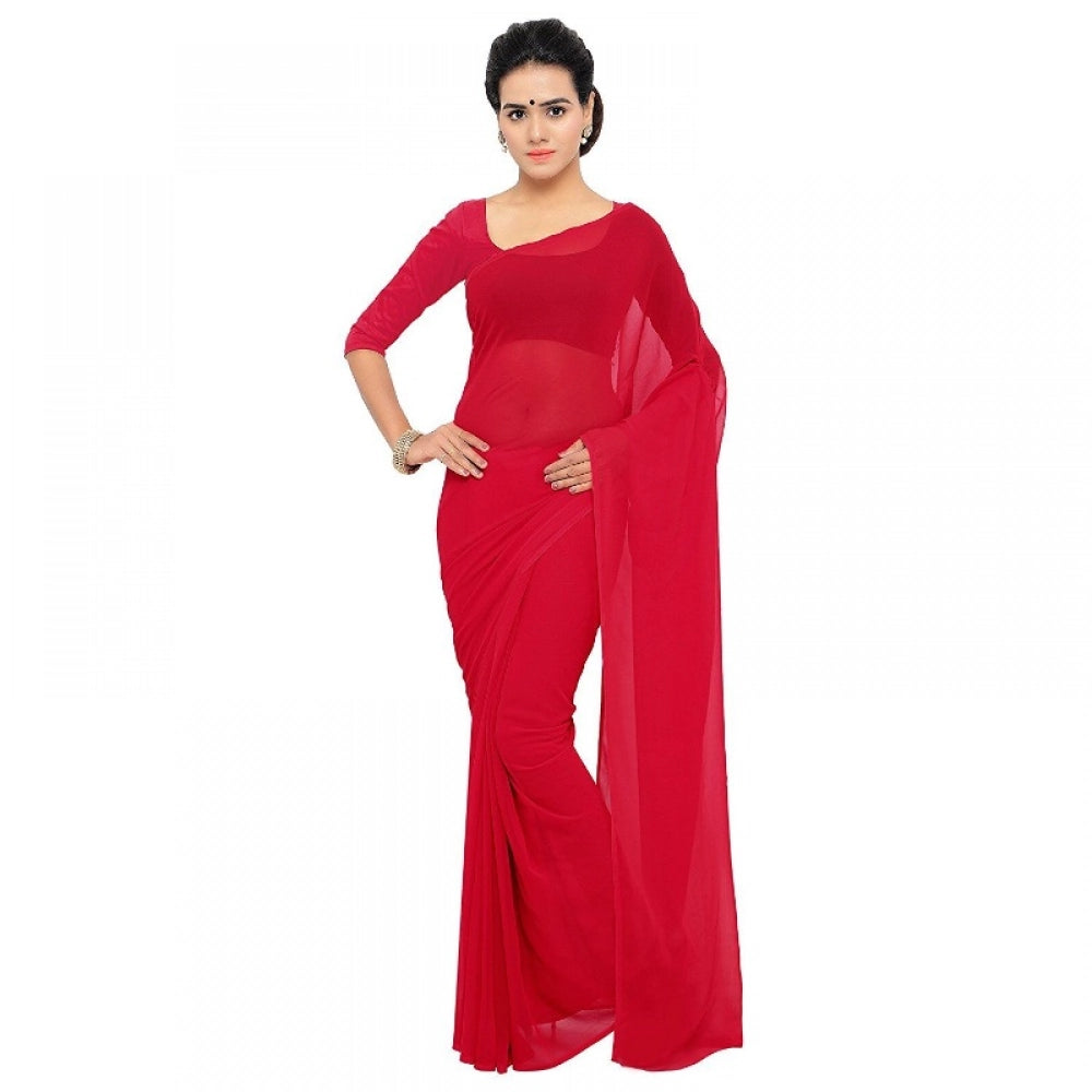 Women'S Georgette Plain Saree With Blouse (Red, 5-6 Mtrs)