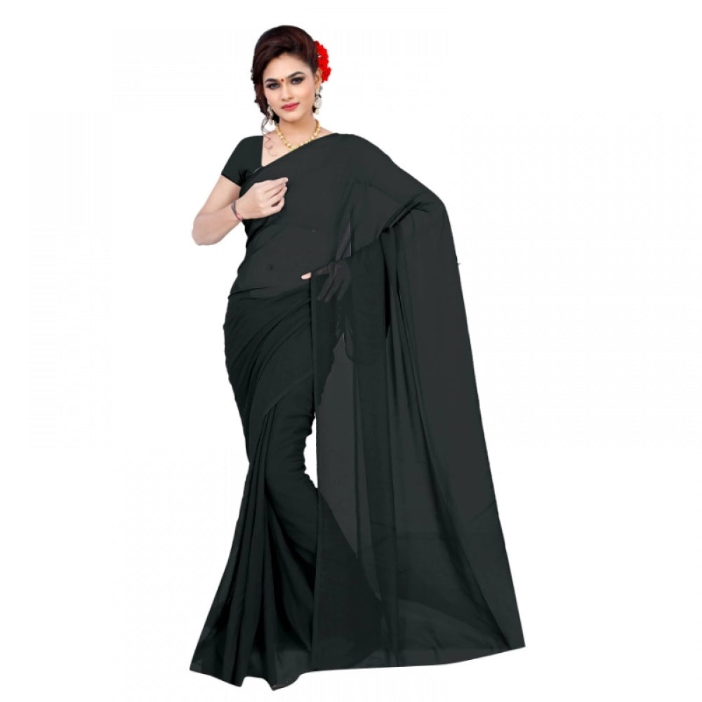 Women'S Georgette Plain Saree With Blouse (Black, 5-6 Mtrs)