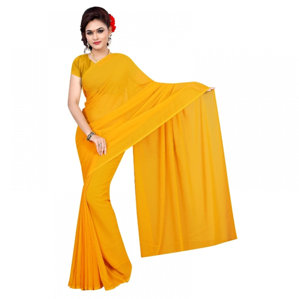 Women'S Georgette Plain Saree With Blouse (Gold, 5-6 Mtrs)