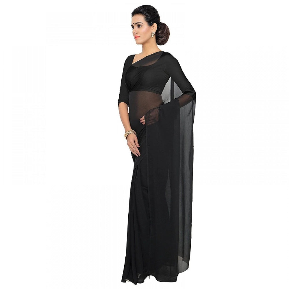 Women'S Georgette Plain Saree With Blouse (Black, 5-6 Mtrs)