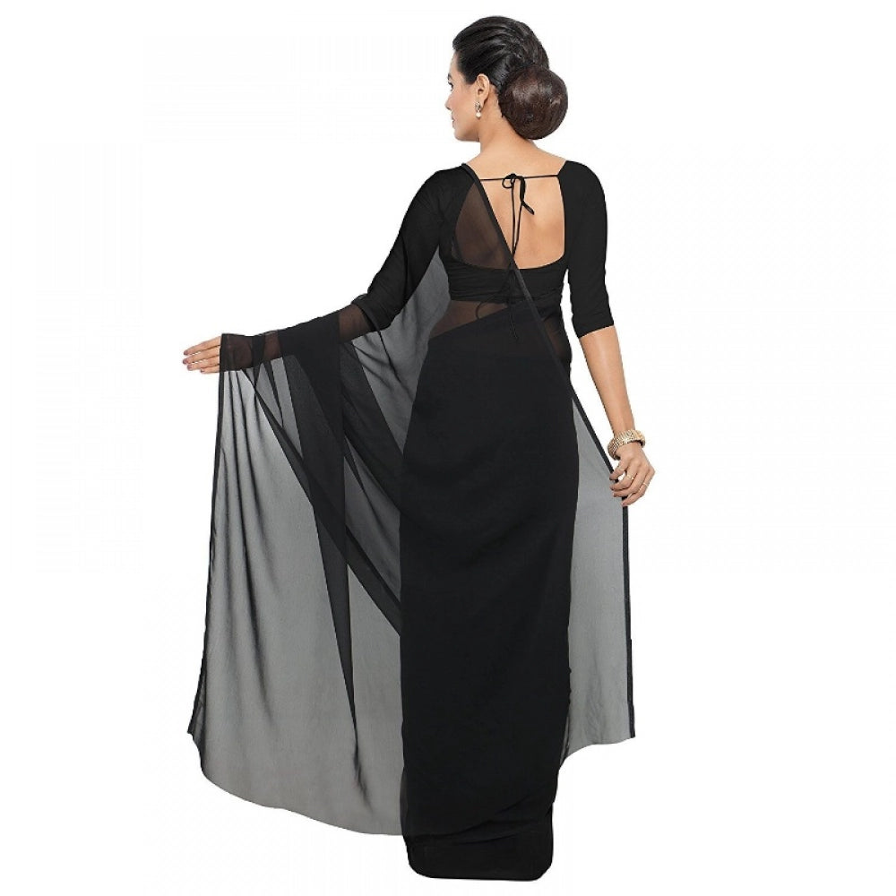 Women'S Georgette Plain Saree With Blouse (Black, 5-6 Mtrs)