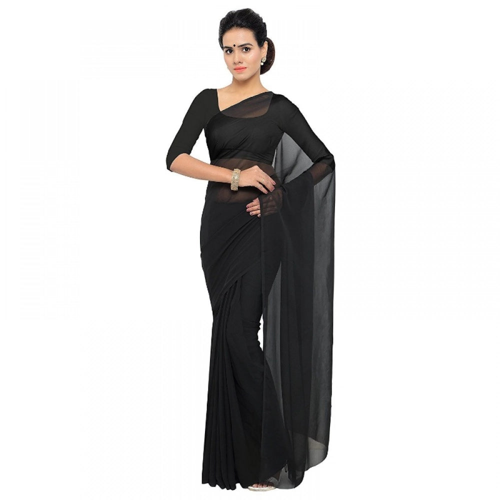 Women'S Georgette Plain Saree With Blouse (Black, 5-6 Mtrs)