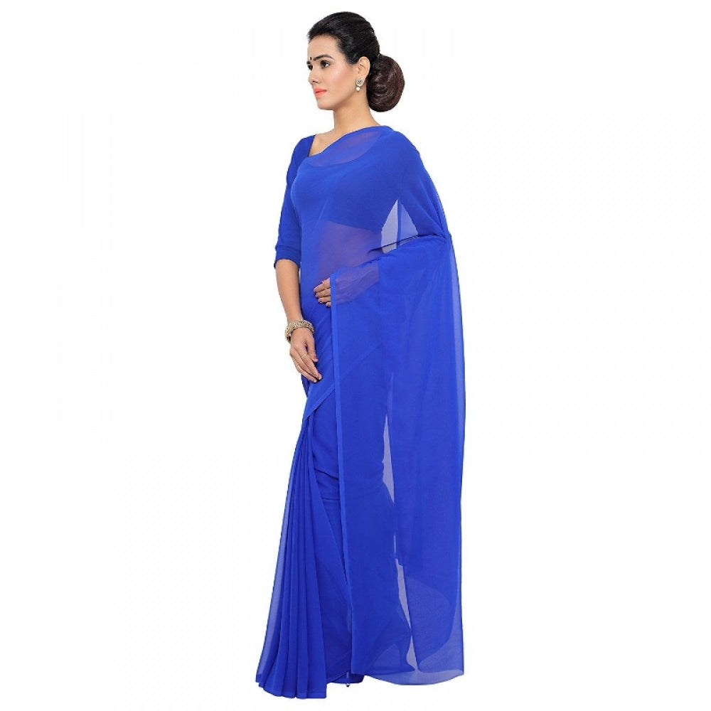 Women'S Georgette Plain Saree With Blouse (Royal Blue, 5-6 Mtr