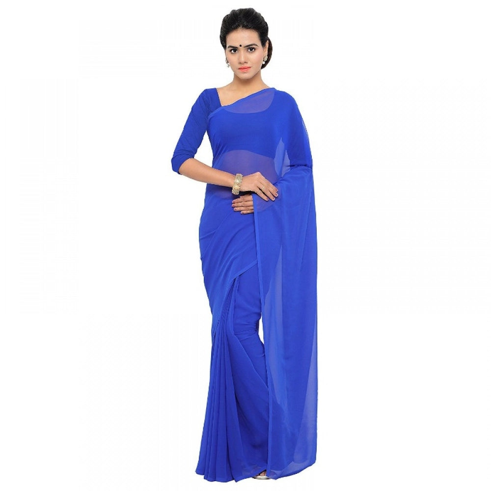 Women'S Georgette Plain Saree With Blouse (Royal Blue, 5-6 Mtr