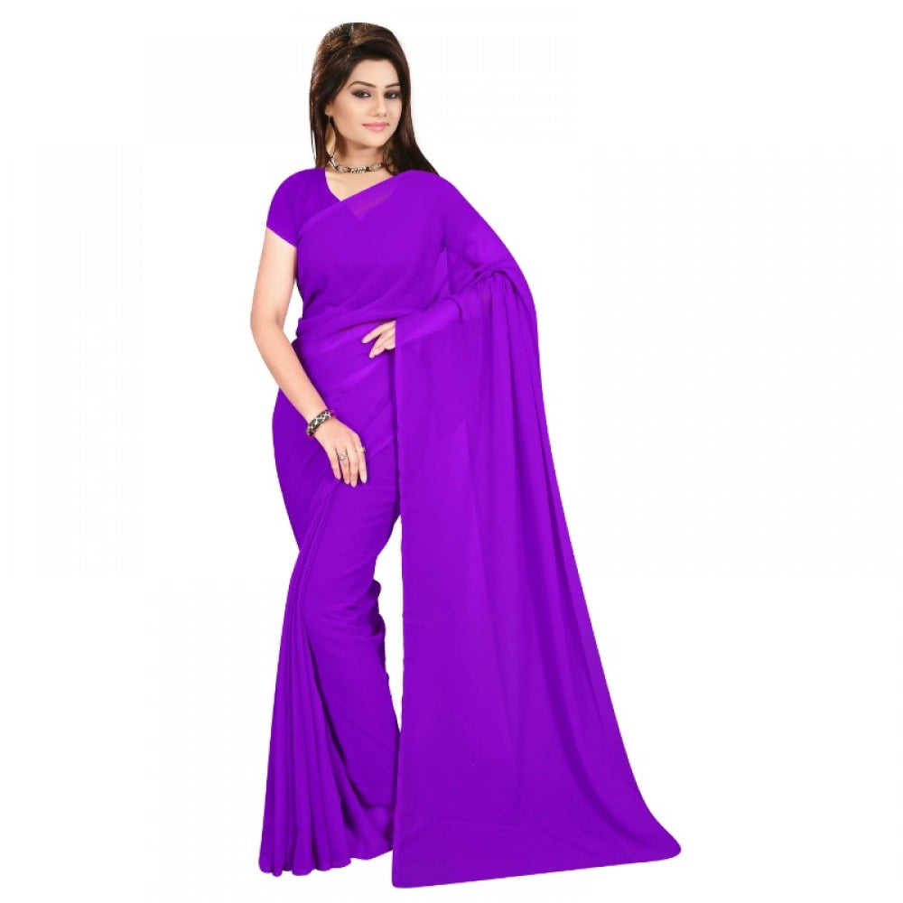 Women'S Georgette Plain Saree With Blouse (Purple, 5-6 Mtrs)