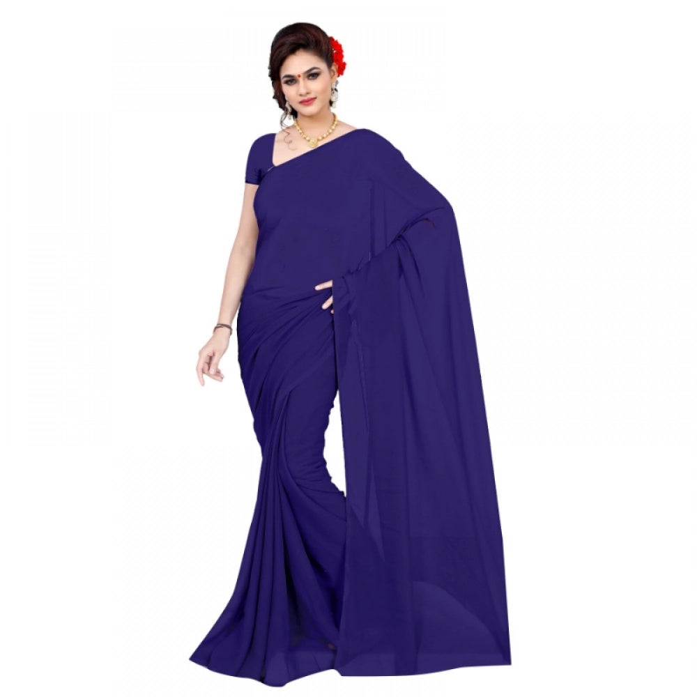 Women'S Georgette Plain Saree With Blouse (Navy Blue, 5-6 Mtrs