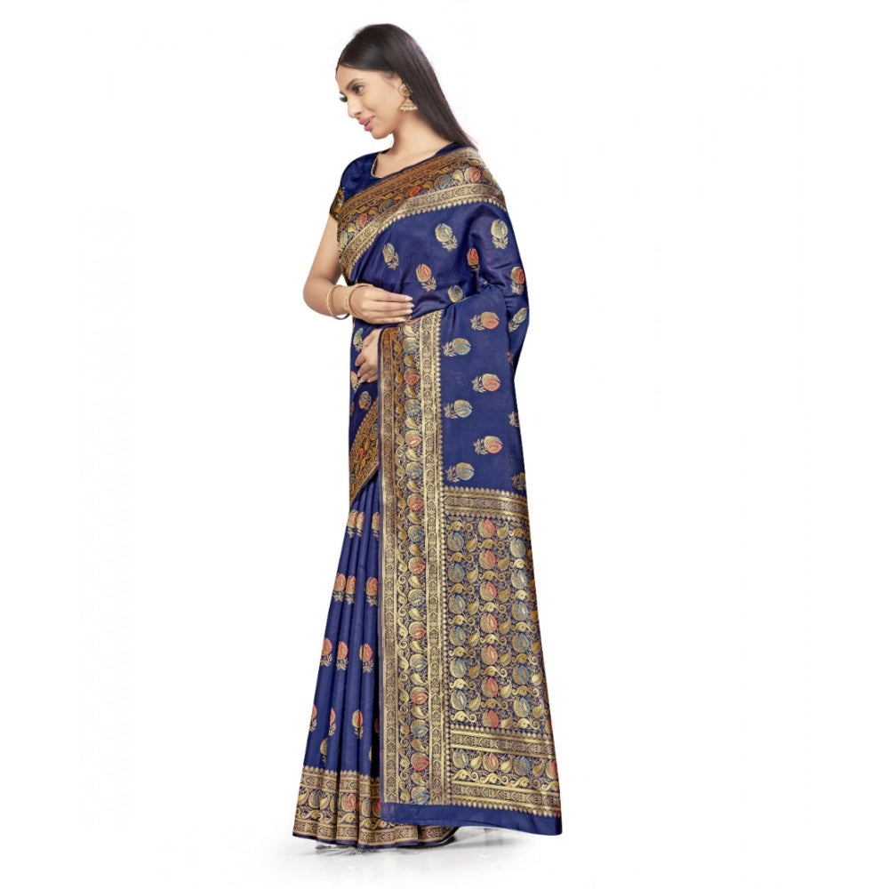 Women's Banarasi Silk Saree With Blouse (Navy Blue, 5-6Mtrs) - VANSHELLE