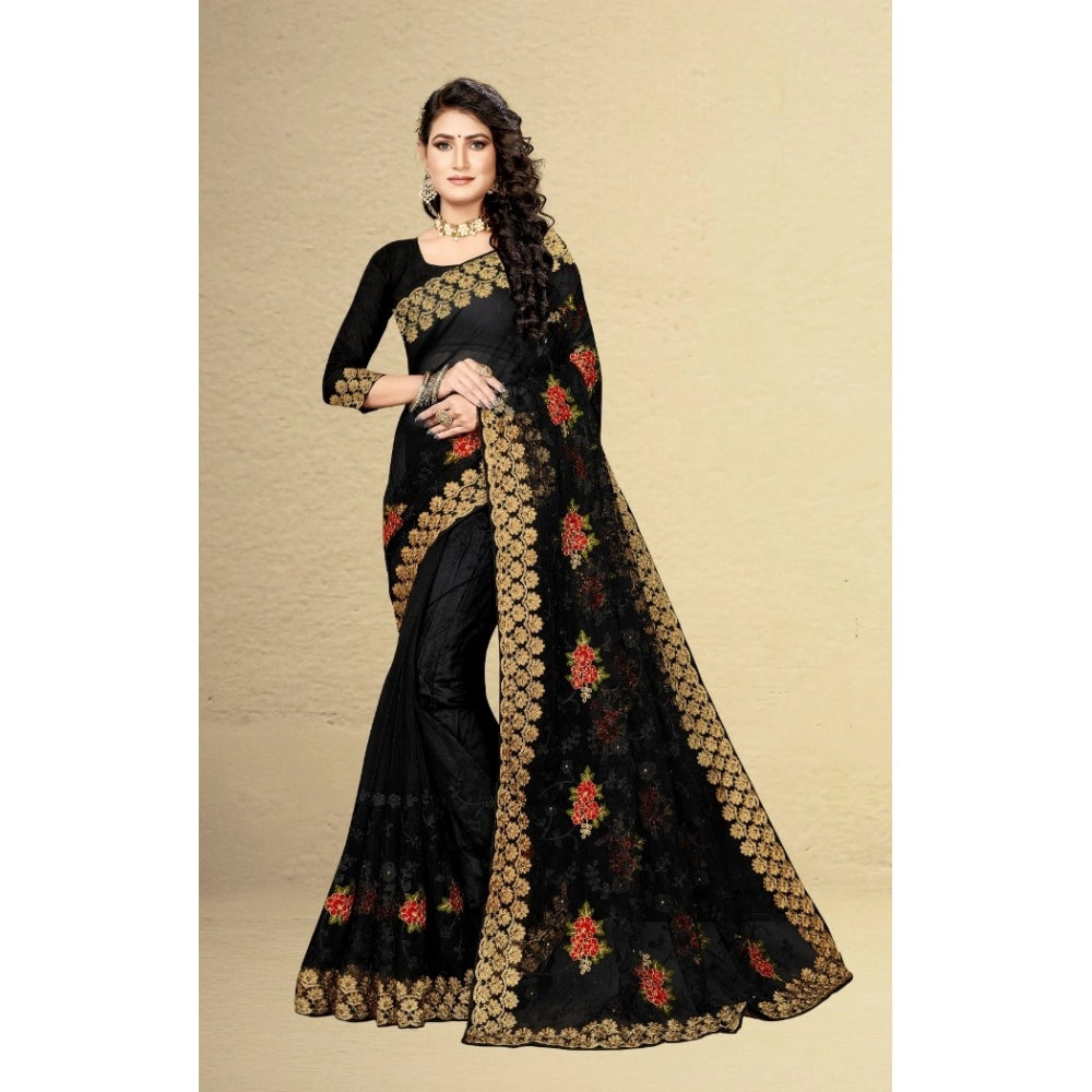 Women'S Net Saree With Blouse (Black, 5-6Mtrs)