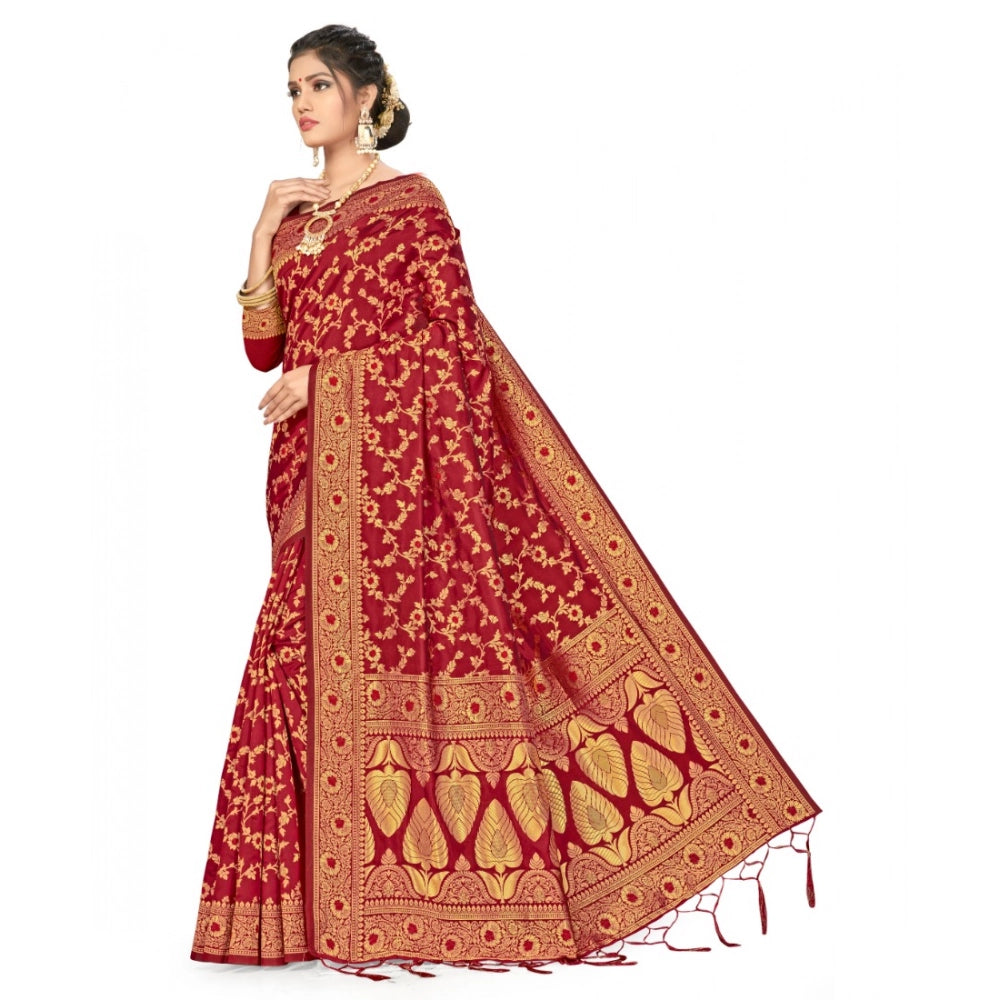 Women'S Banarasi Silk Saree With Blouse (Maroon, 5-6Mtrs)