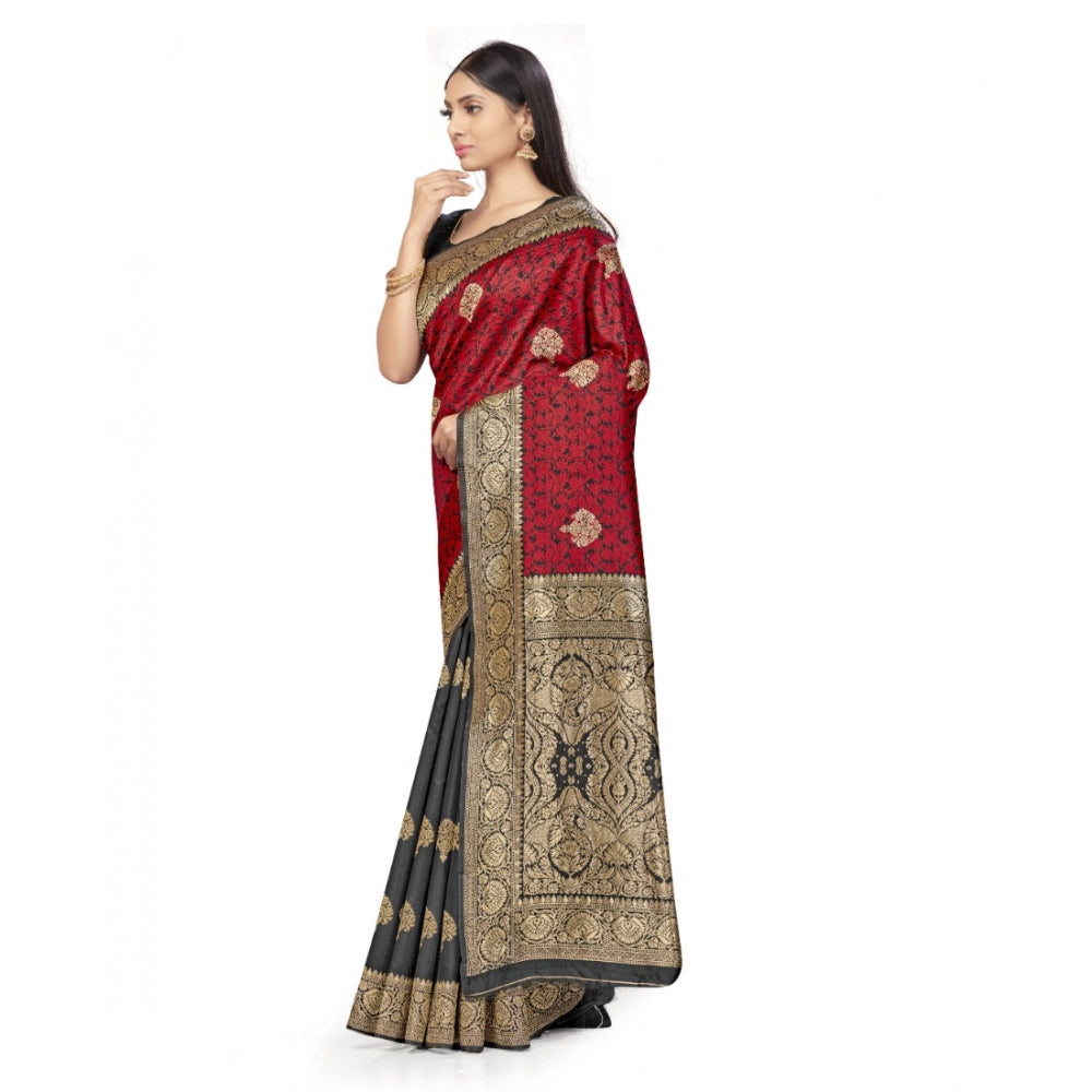 Women'S Banarasi Silk Saree With Blouse (Black, Red, 5-6Mtrs)