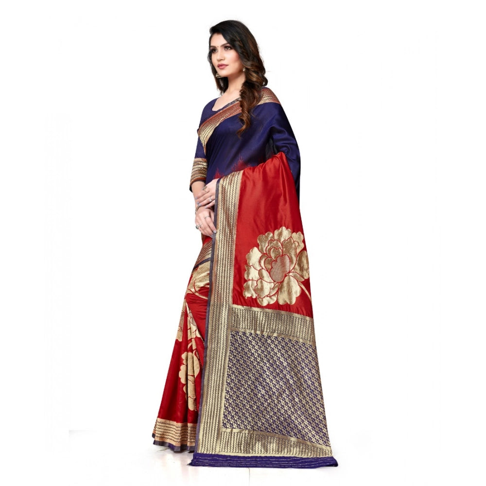 Women'S Banarasi Silk Saree With Blouse (Navy Blue, Red, 5-6Mt