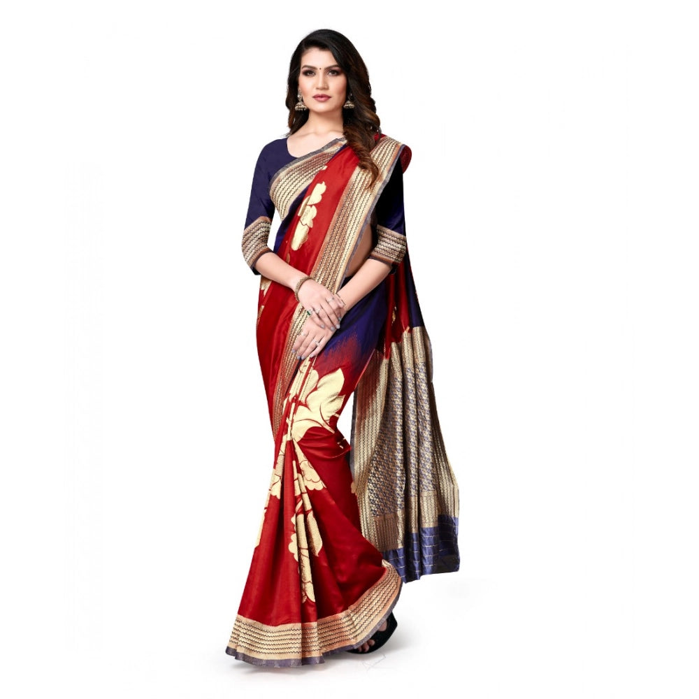 Women'S Banarasi Silk Saree With Blouse (Navy Blue, Red, 5-6Mt