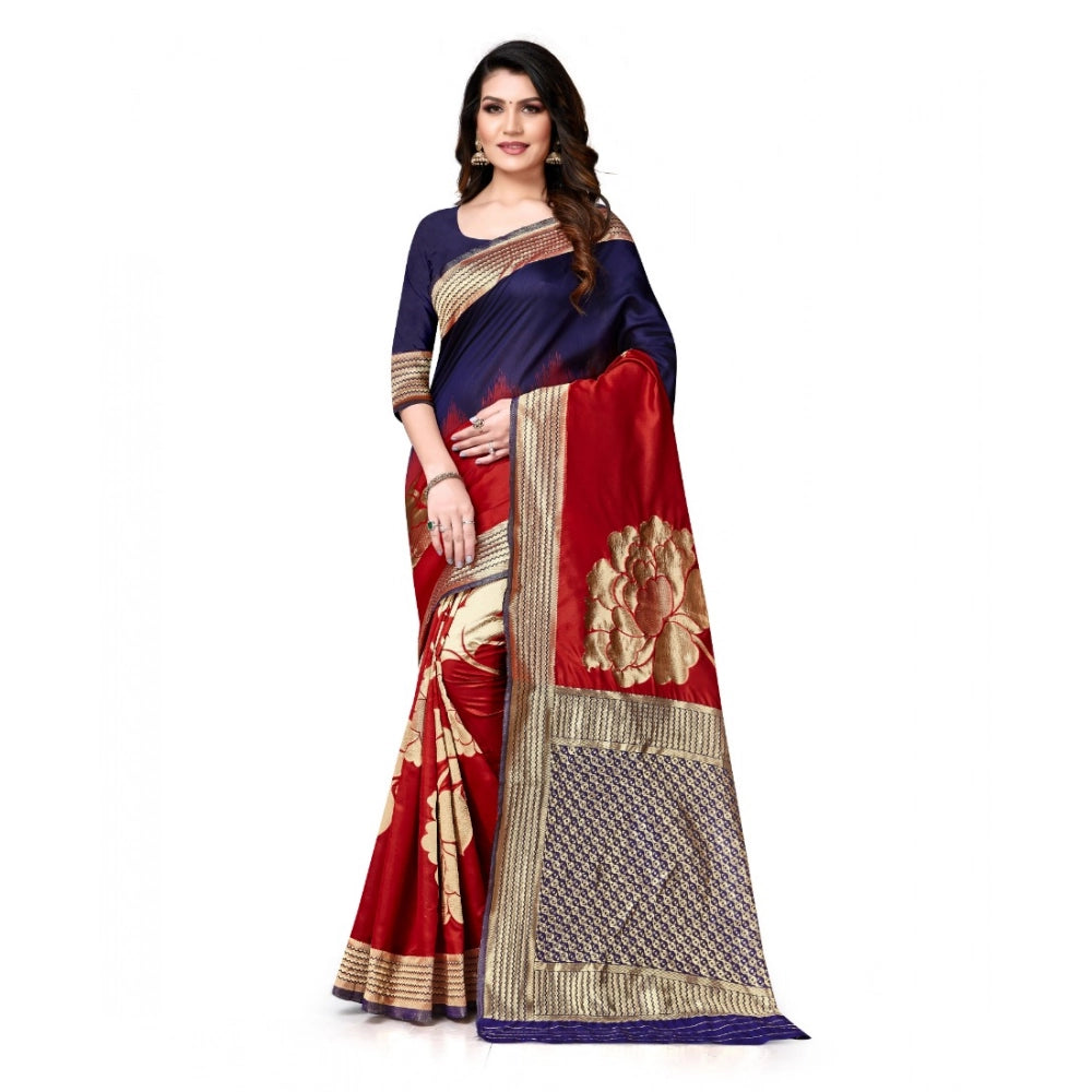 Women'S Banarasi Silk Saree With Blouse (Navy Blue, Red, 5-6Mt