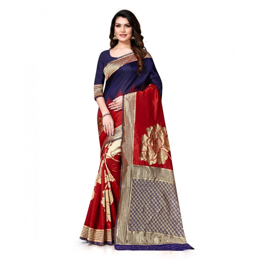 Women'S Banarasi Silk Saree With Blouse (Navy Blue, Red, 5-6Mt