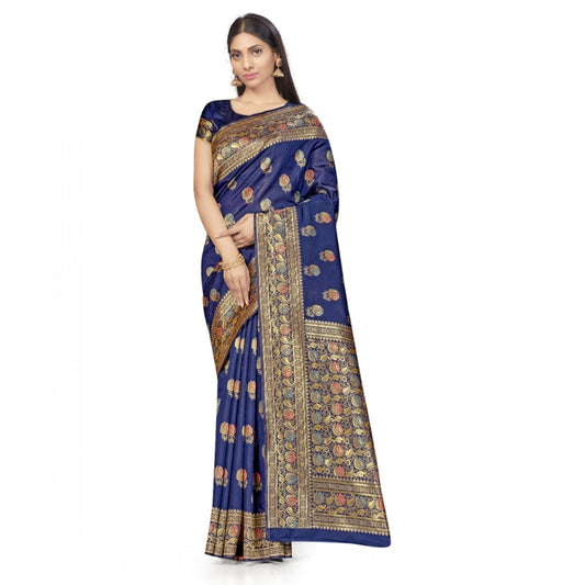 Women's Banarasi Silk Saree With Blouse (Navy Blue, 5-6Mtrs) - VANSHELLE