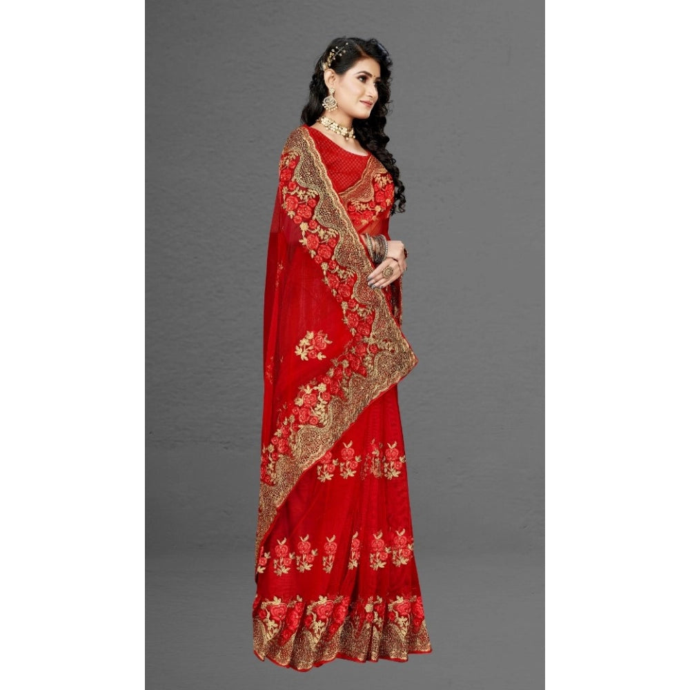 Women'S Net Saree With Blouse (Red, 5-6Mtrs)