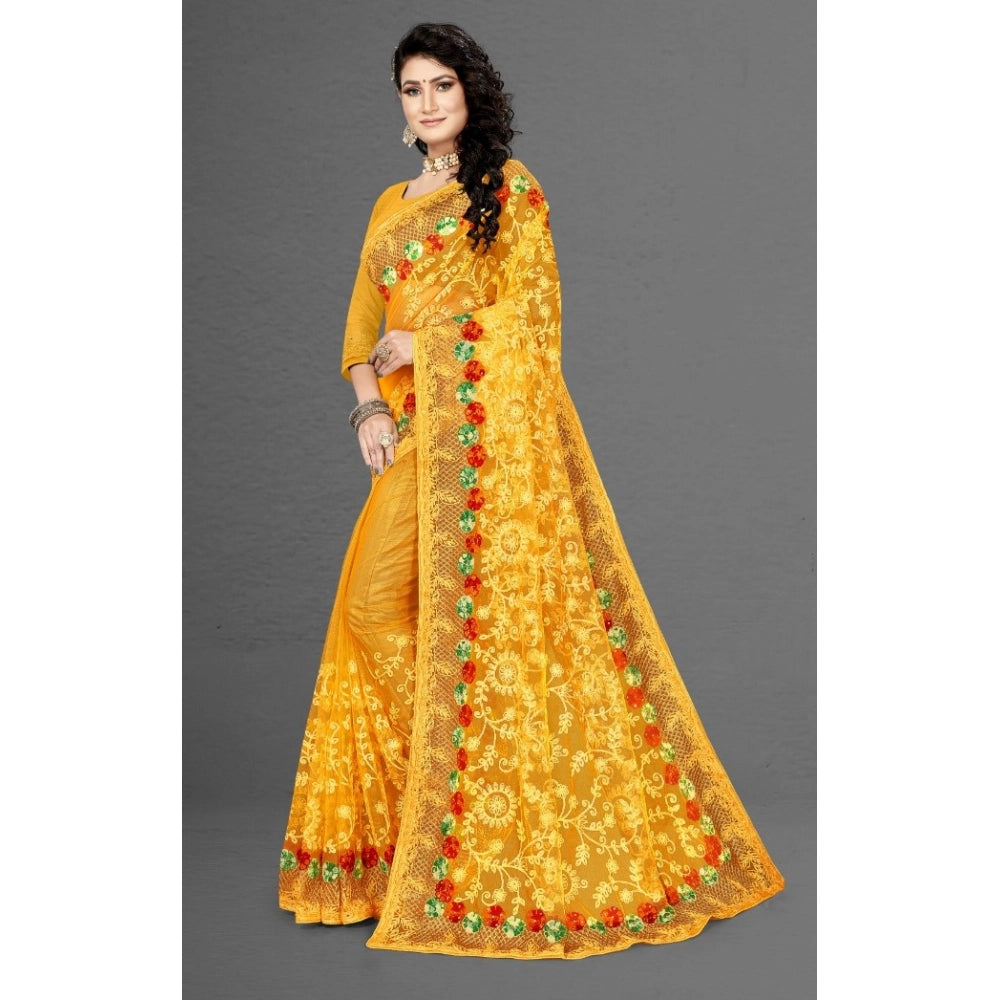 Women'S Net Saree With Blouse (Yellow, 5-6Mtrs)