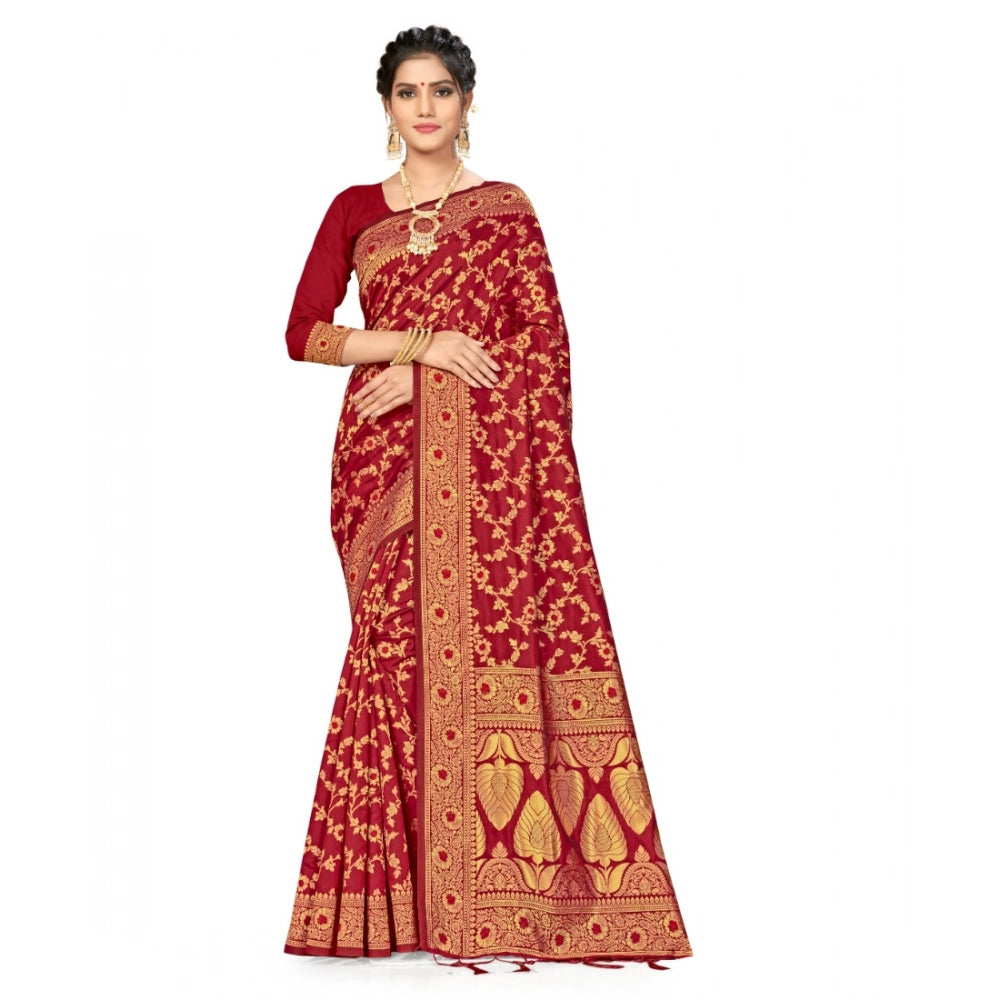 Women'S Banarasi Silk Saree With Blouse (Maroon, 5-6Mtrs)