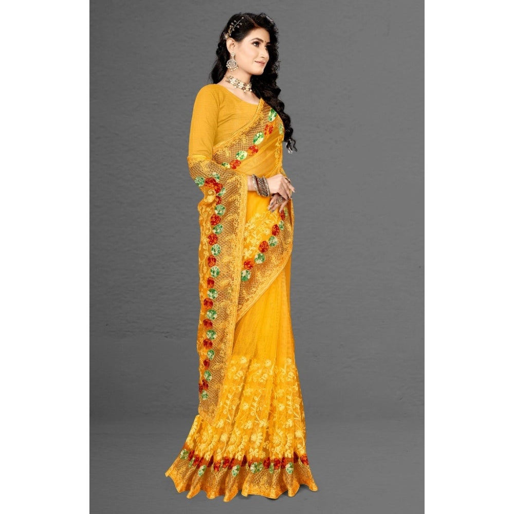 Women'S Net Saree With Blouse (Yellow, 5-6Mtrs)