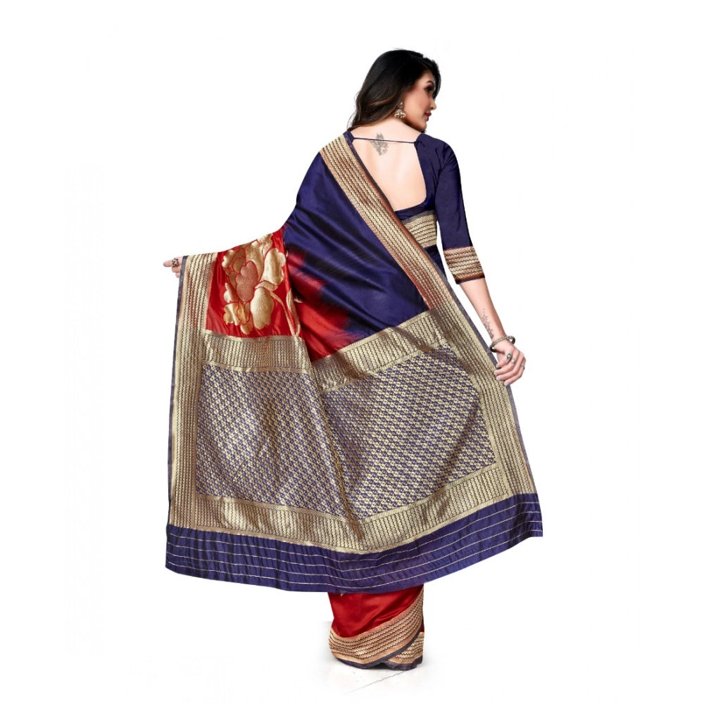 Women'S Banarasi Silk Saree With Blouse (Navy Blue, Red, 5-6Mt