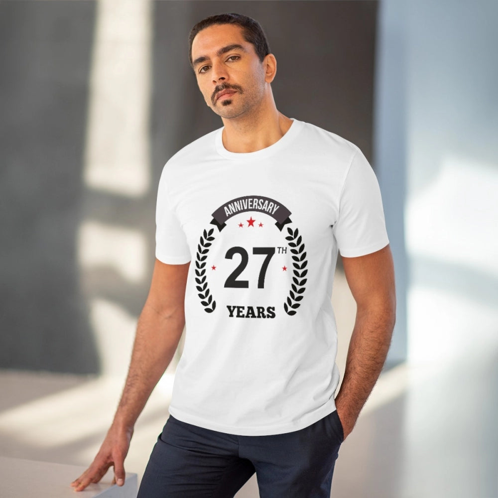 Men'S Pc Cotton 27Th Anniversary Printed T Shirt (Color: White