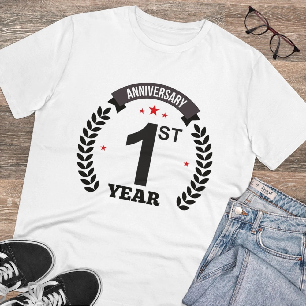 Men'S Pc Cotton 1St Anniversary Printed T Shirt (Color: White,