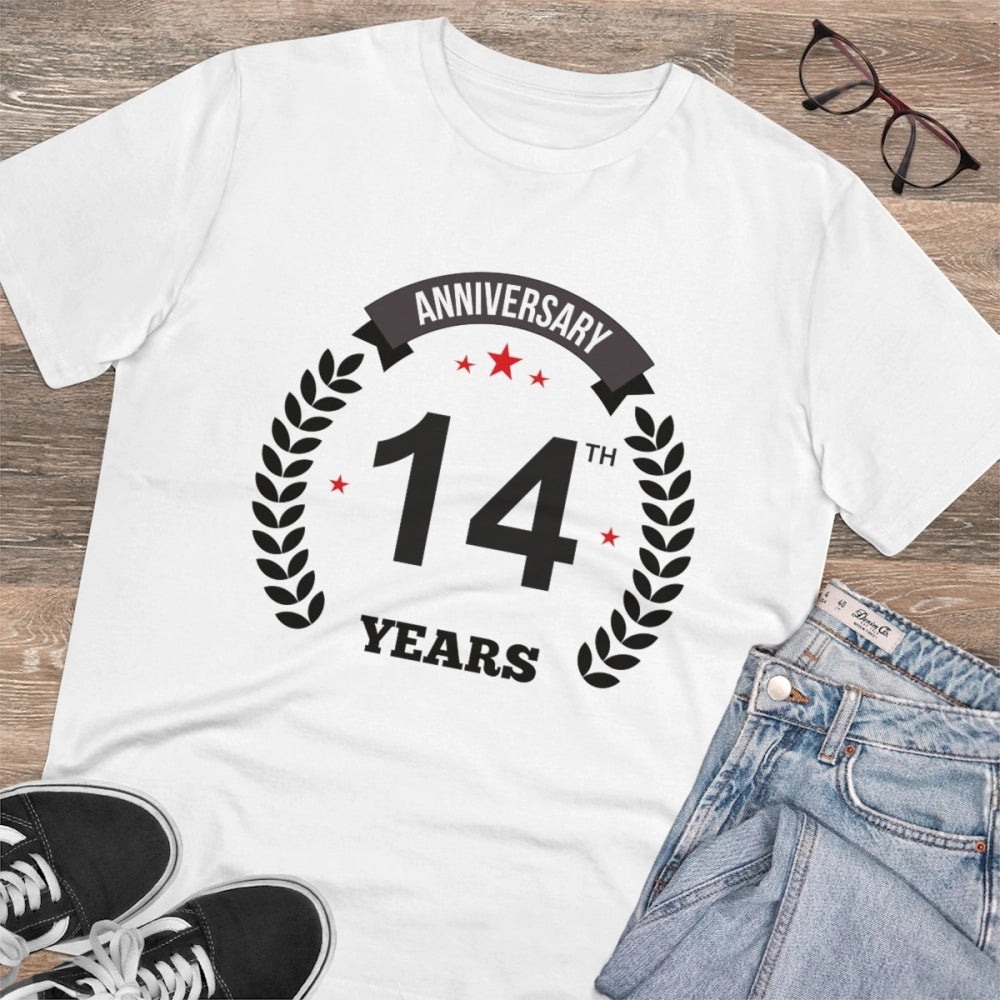 Men'S Pc Cotton 14Th Anniversary Printed T Shirt (Color: White