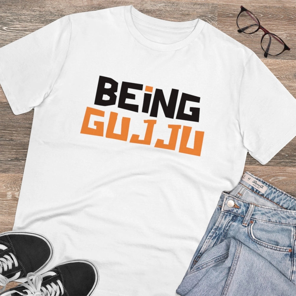 Men'S Pc Cotton Being Gujju Printed T Shirt (Color: White, Thr