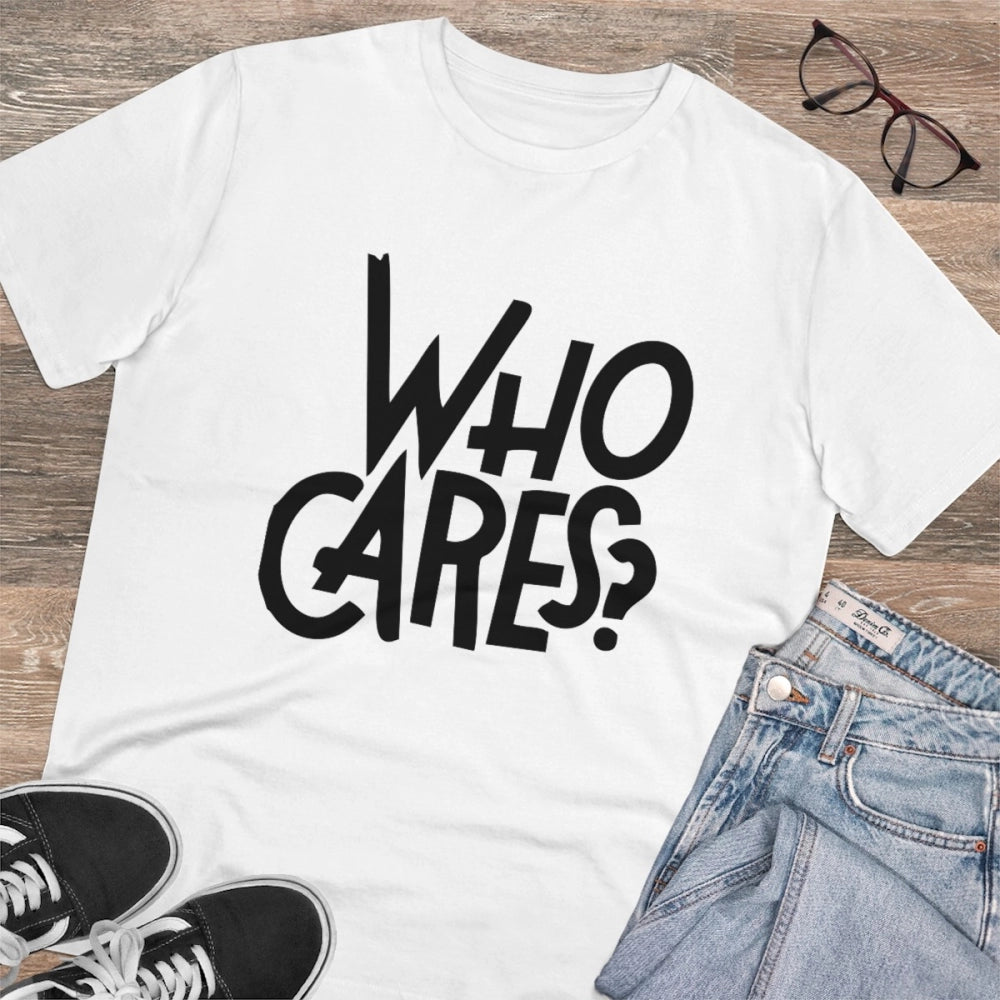 Men'S Pc Cotton Who Cares Printed T Shirt (Color: White, Threa