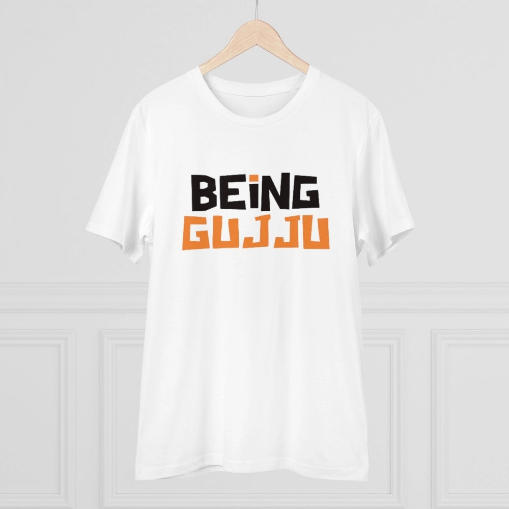 Men'S Pc Cotton Being Gujju Printed T Shirt (Color: White, Thr