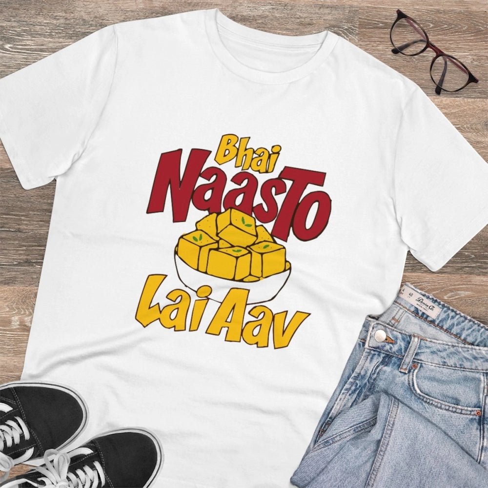 Men'S Pc Cotton Bhai Nasto Lai Aav Printed T Shirt (Color: Whi