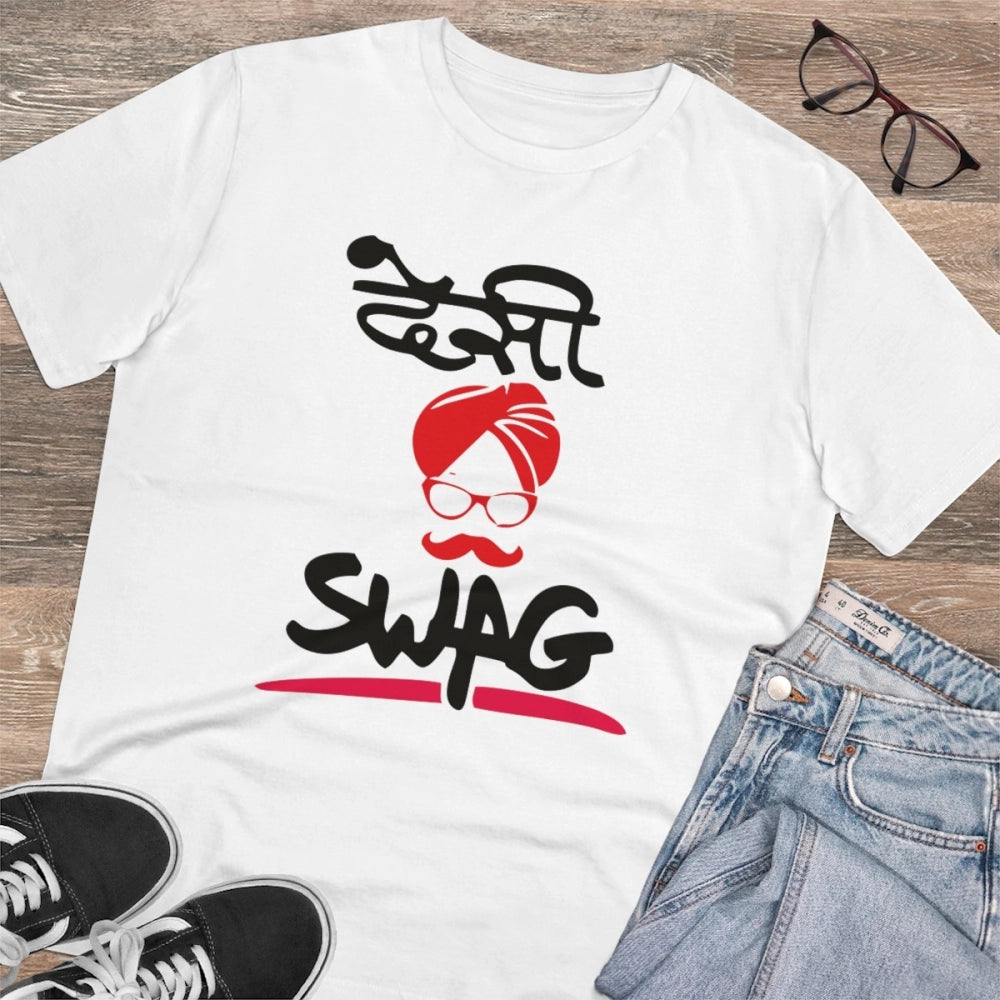 Men'S Pc Cotton Desi Swag Printed T Shirt (Color: White, Threa