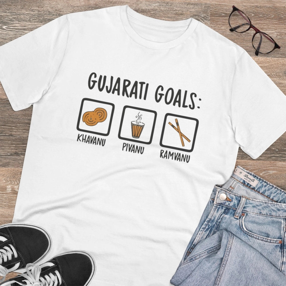 Men'S Pc Cotton Gujarati Goals Printed T Shirt (Color: White,