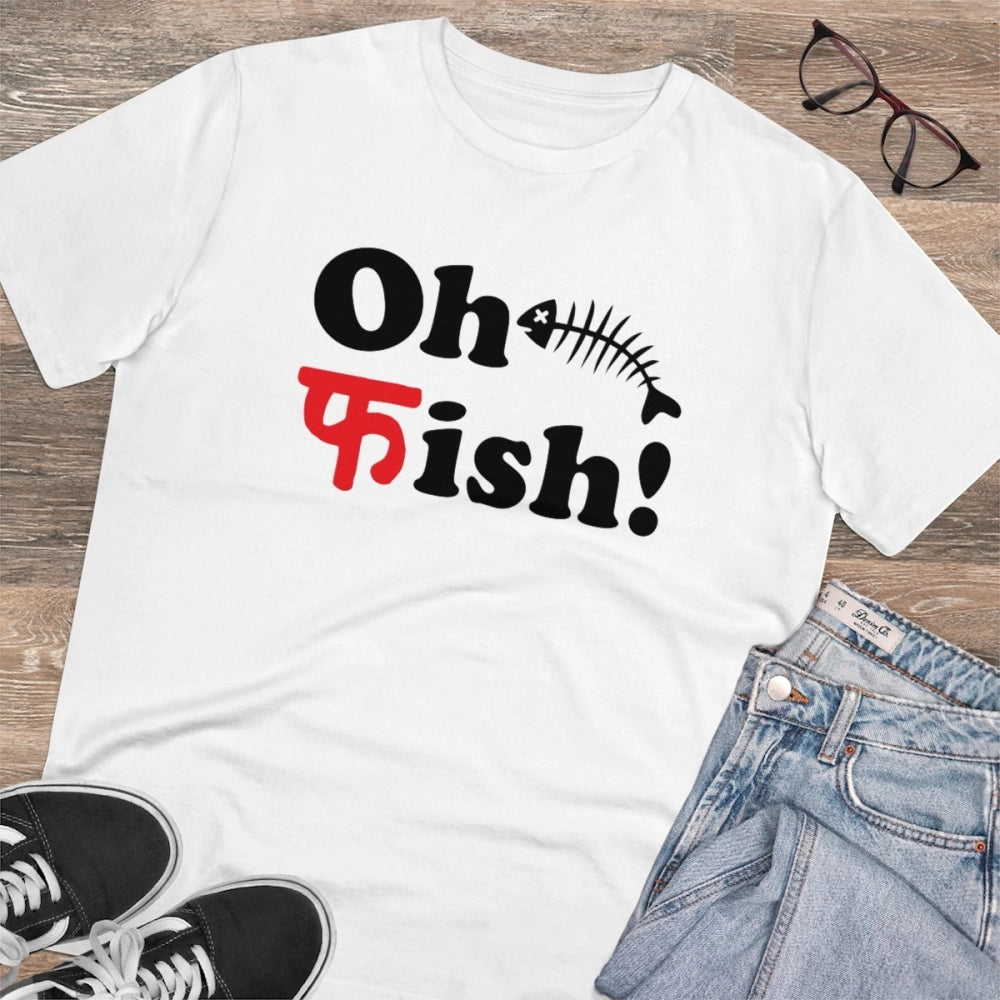 Men'S Pc Cotton Oh Fish Printed T Shirt (Color: White, Thread