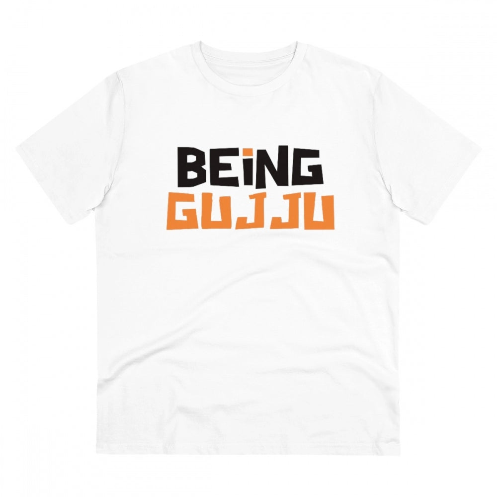 Men'S Pc Cotton Being Gujju Printed T Shirt (Color: White, Thr