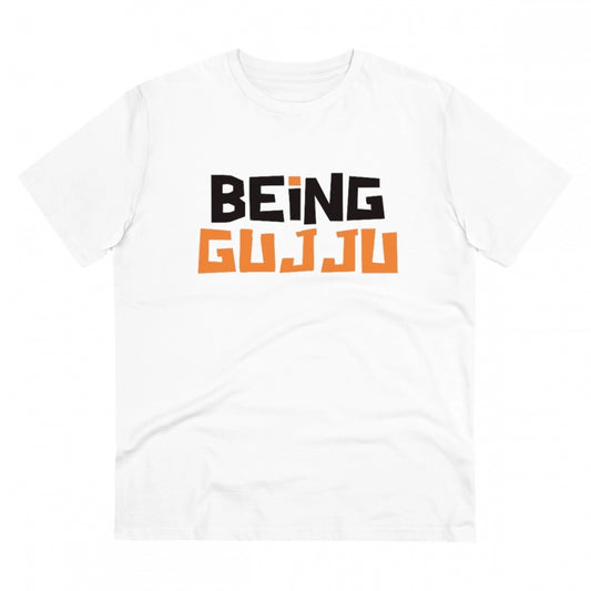 Men'S Pc Cotton Being Gujju Printed T Shirt (Color: White, Thr