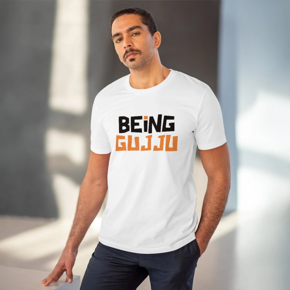 Men'S Pc Cotton Being Gujju Printed T Shirt (Color: White, Thr