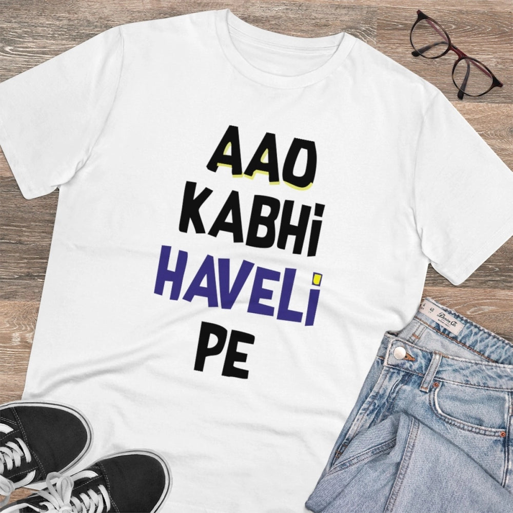 Men'S Pc Cotton Aao Kabhi Haveli Pe Printed T Shirt (Color: Wh