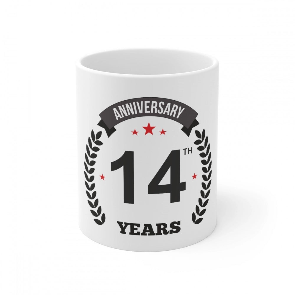 Ceramic 14Th Anniversary Printed Coffee Mug (Color: White, Cap