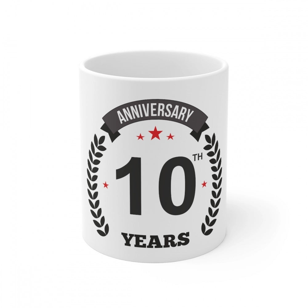 Ceramic 10Th Anniversary Printed Coffee Mug (Color: White, Cap