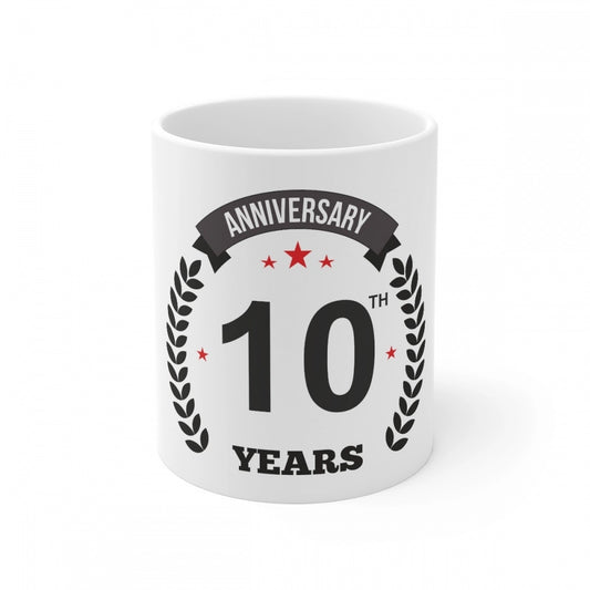 Ceramic 10Th Anniversary Printed Coffee Mug (Color: White, Cap