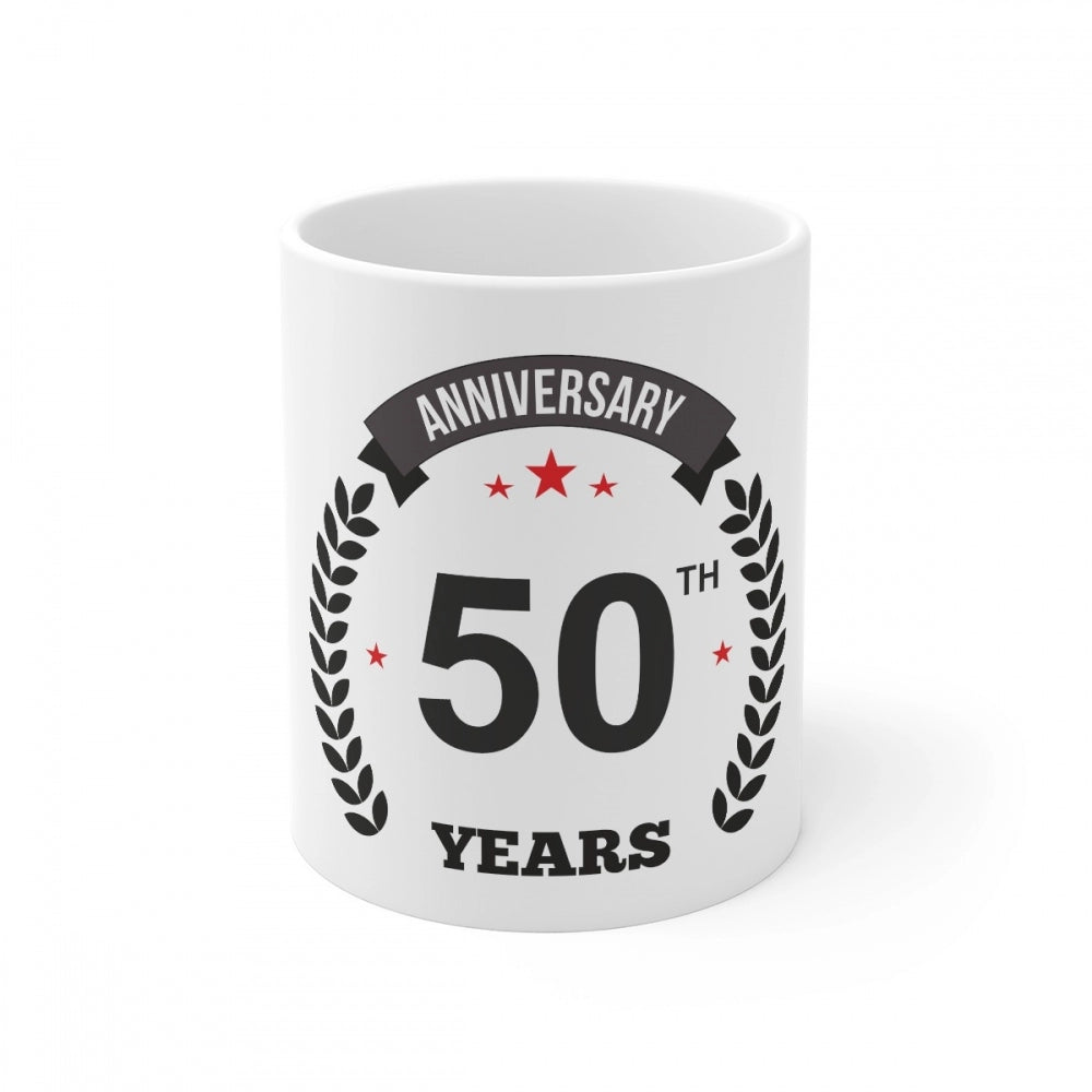 Ceramic 50Th Anniversary Printed Coffee Mug (Color: White, Cap