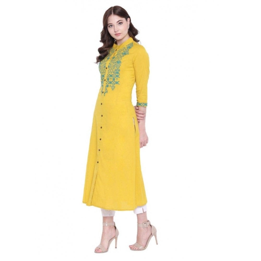 Women'S Khadi Embroidered Kurti (Yellow, Khadi)
