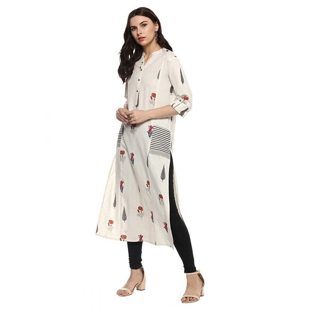Women's Khadi Printed A Line Kurti (Off White, Khadi) - VANSHELLE