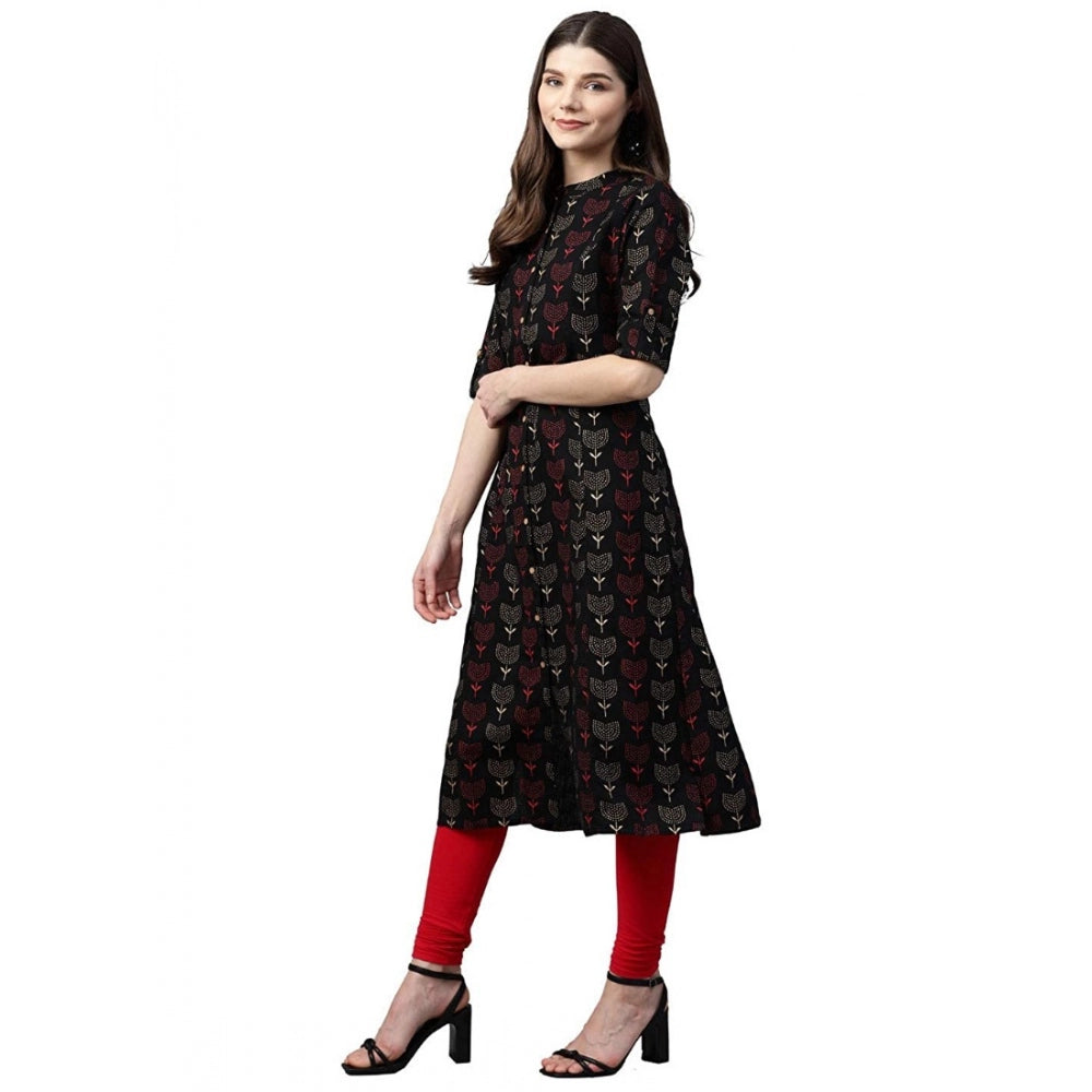Women's Cotton Printed A Line Kurti (Black, Cotton) - VANSHELLE