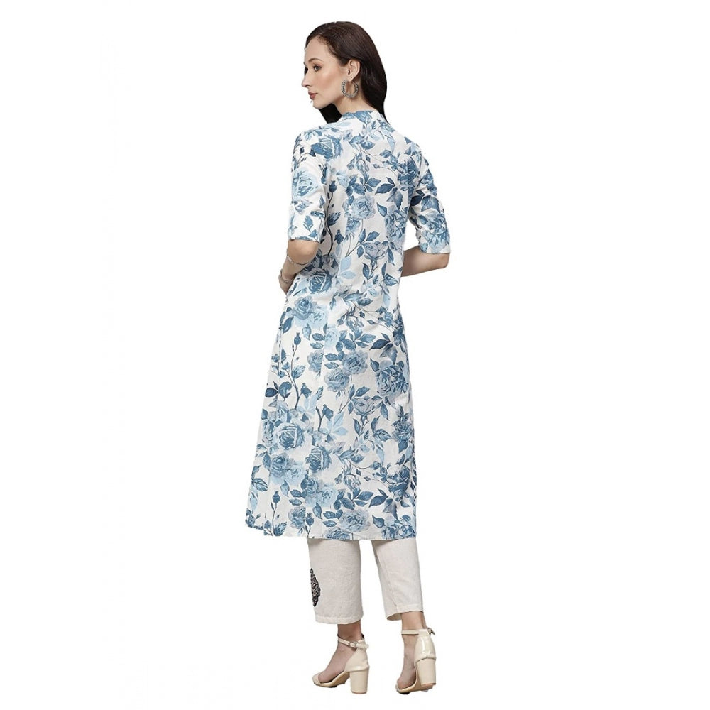 Women's Cotton Printed Floral Print Kurti (White, Blue, Cotton) - VANSHELLE