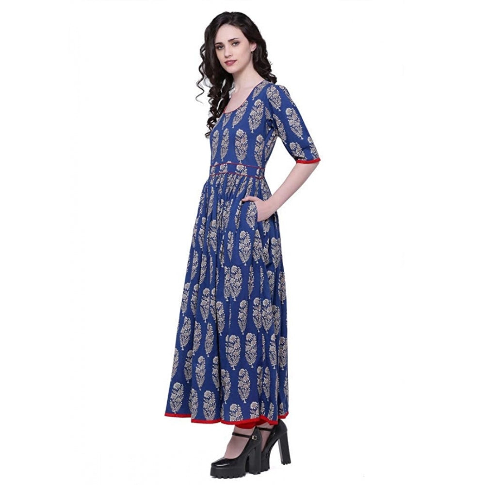 Women's Cotton Printed Anarkali Kurti (Blue, Cotton) - VANSHELLE