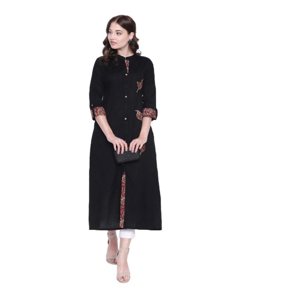 Women's Khadi Printed A Line Kurti (Black, Khadi) - VANSHELLE