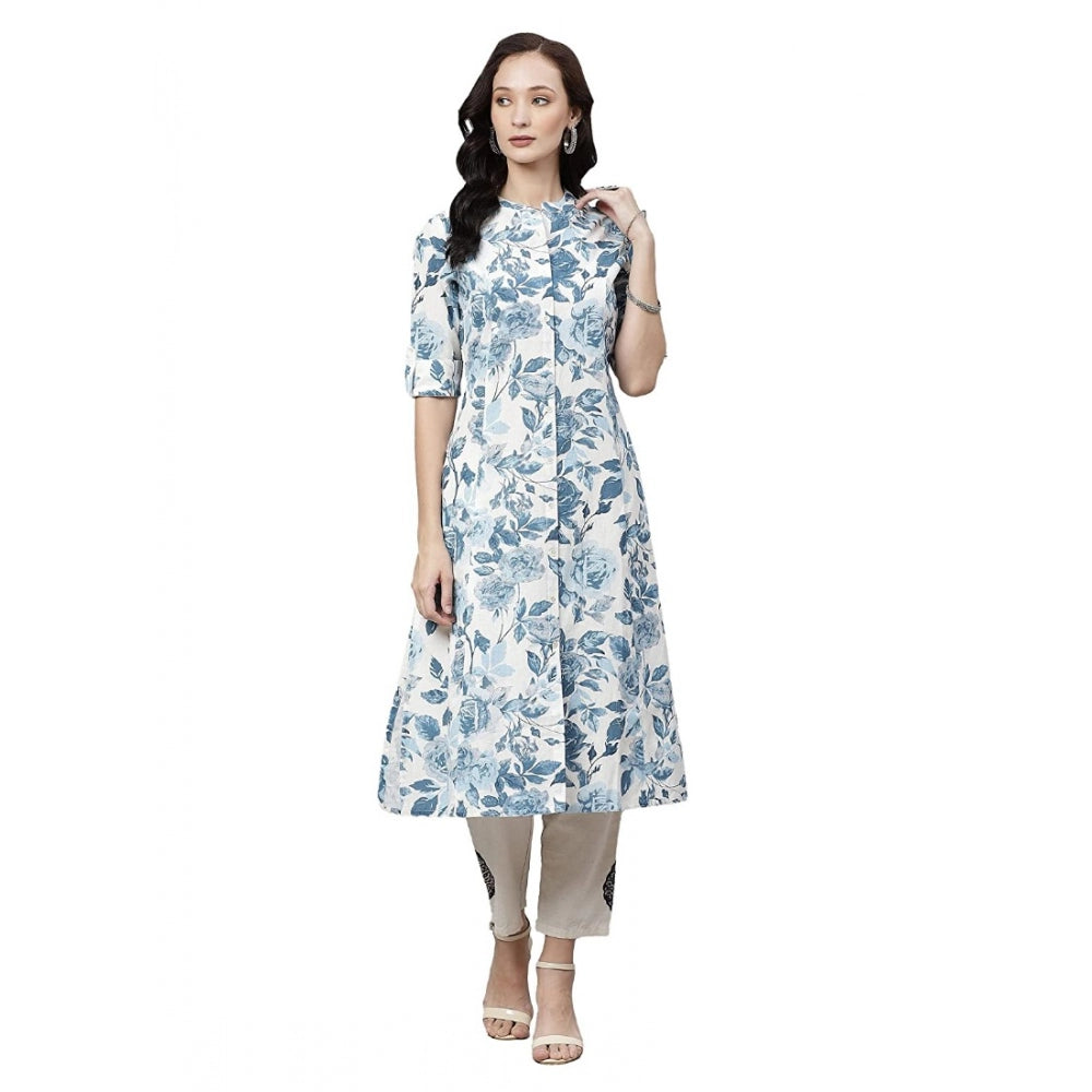 Women's Cotton Printed Floral Print Kurti (White, Blue, Cotton) - VANSHELLE