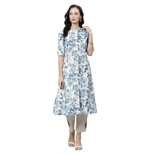Women's Cotton Printed Floral Print Kurti (White, Blue, Cotton) - VANSHELLE